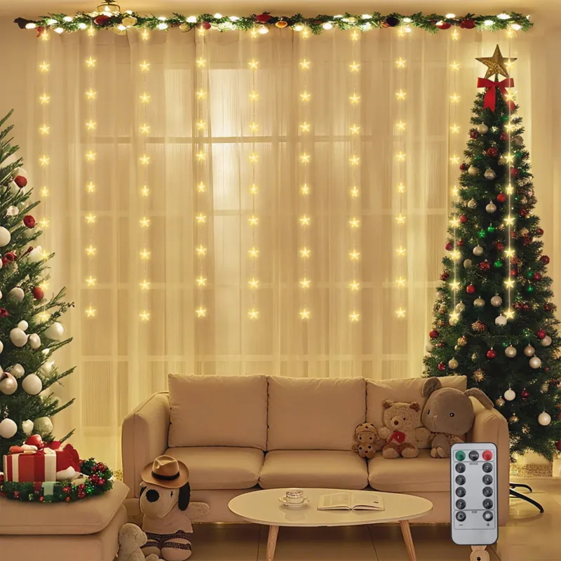 Salcar LED Lichtervorhang Sterne 2×1m, 50 LEDs, Warmweiß, 8 Modi, USB, Timer & Memory, Dimmbar mit Fernbedienung, Weihnachtsbeleuchtung Fenster Deko für Innen Salcar