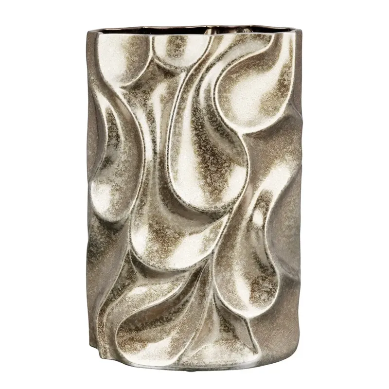 Vase – Silberne Keramik, Antike Oberfläche, Rechteckige Form, 37cm Höhe - Relief | Gilde