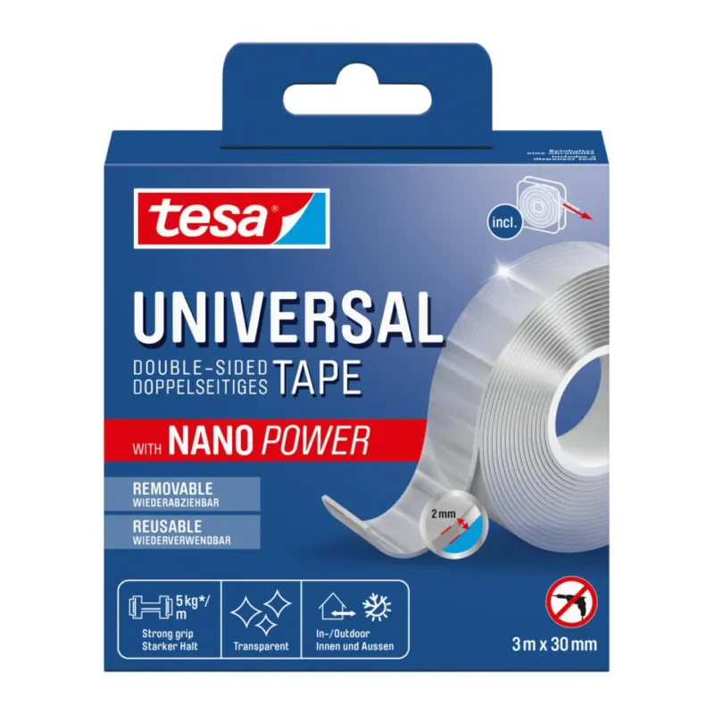 TESA Doppelklebeband Universal Tape, 3 m x 30 mm, 5kg, transparent
