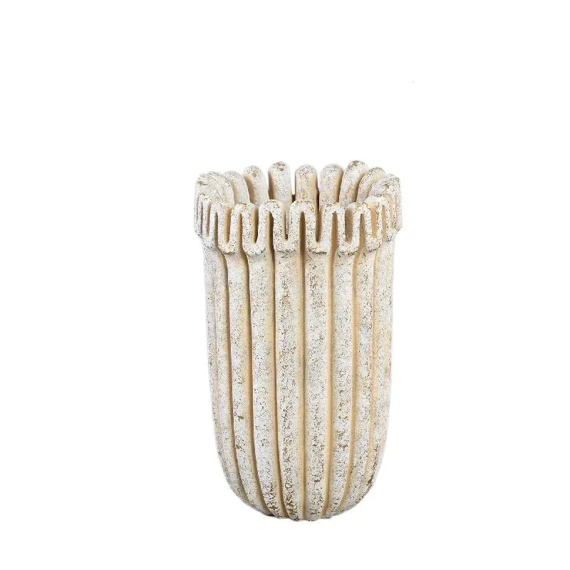 Blumentopf – Creme Farbe, Gerippte Linienstruktur, Zement Material, Hohe Form, S – Raffay | PTMD