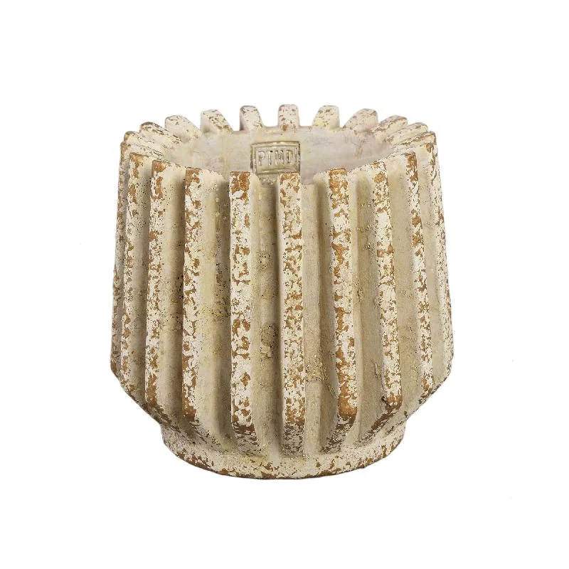 Blumentopf – Creme Farbe, Gerippte Linienstruktur, Zement Material, L – Zariya | PTMD