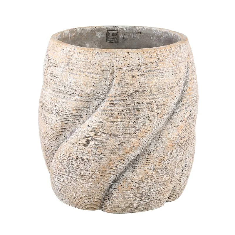 Blumentopf – Taupe Farbe, Wirbel Design, Zement Material, Runde Form, L – Evanthia | PTMD