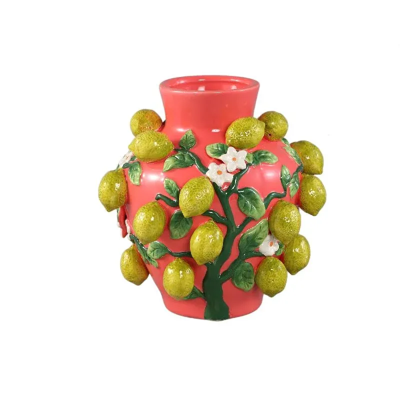 Vase – Rosa Farbe, Zitronenmotiv, Zweigdesign, Keramik – Stacy | PTMD