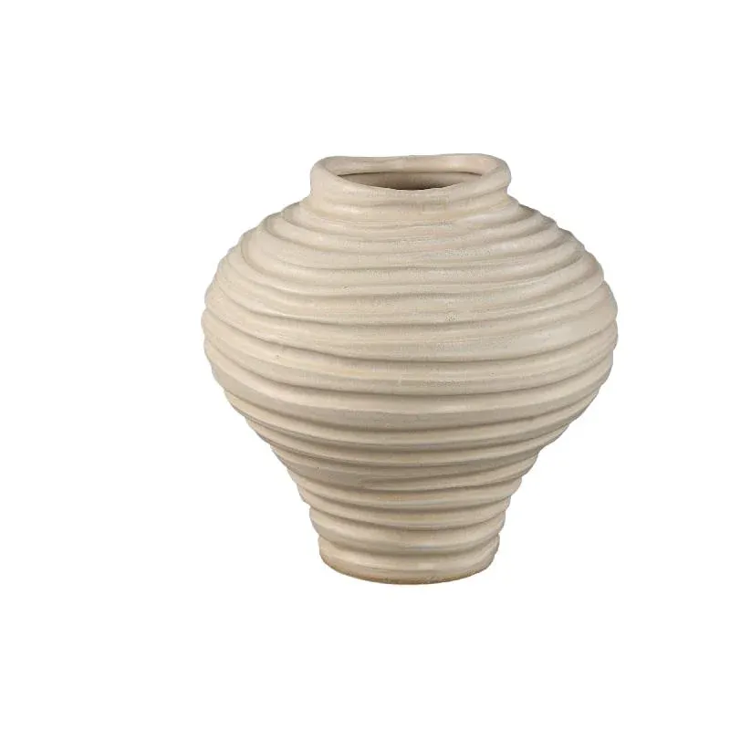 Vase – Beigefarbene Oberfläche, Runde Form, Bauchige Form, Gerippte Struktur, Keramik, M – Mickie | PTMD