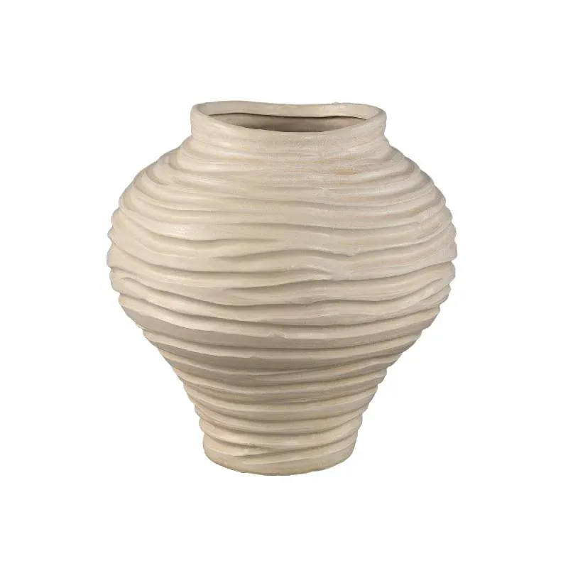 Vase – Beigefarbene Oberfläche, Runde Form, Bauchige Form, Gerippte Struktur, Keramik, L – Mickie | PTMD