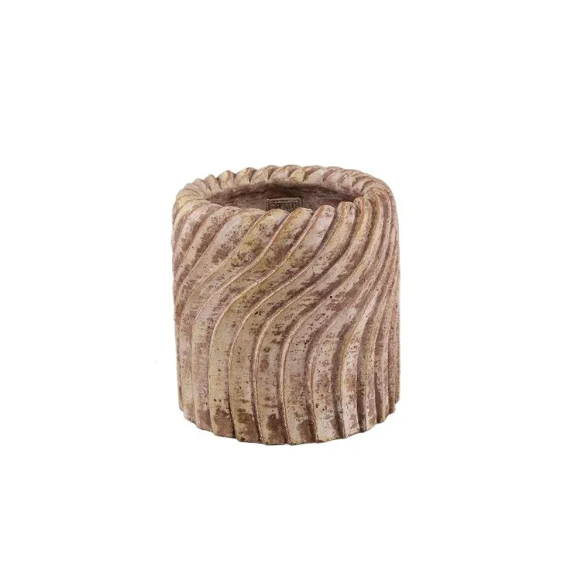 Blumentopf - Runder Zement, Wellenlinienmuster, Beige, L – Tiera | PTMD
