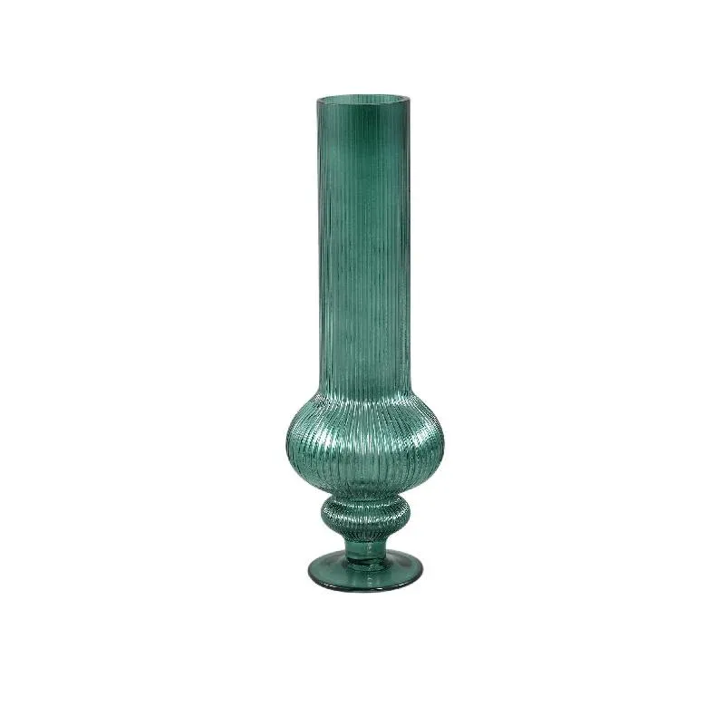 Vase – Gerippte Struktur, Runde Form, Glas Material, Dunkelgrün, Mit Fuß, S – Keala | PTMD