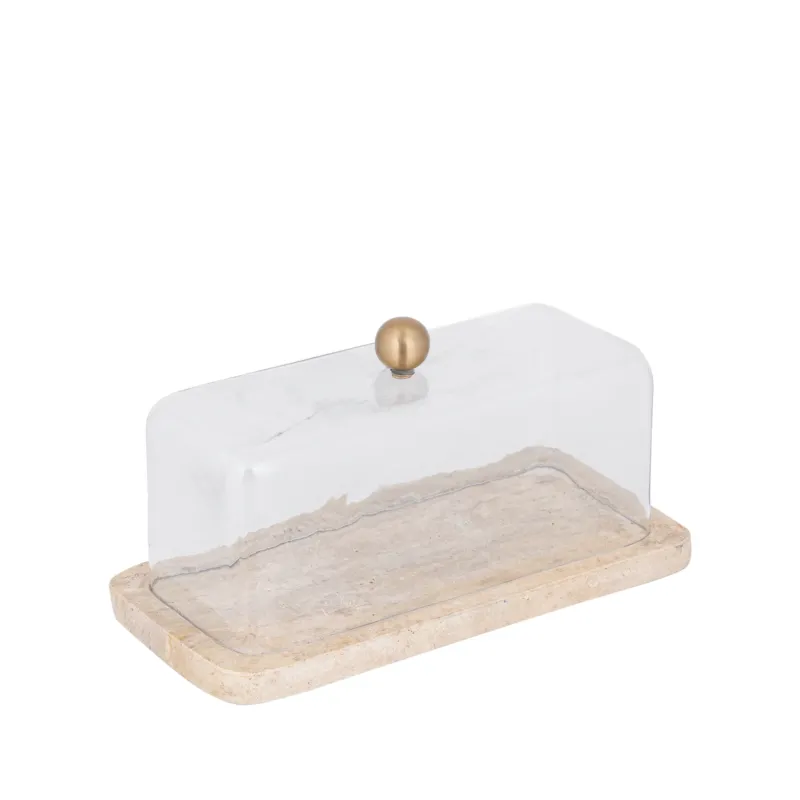 Glasglocke - Glas, Travertin-Marmor-Sockel, Metallgriff, rechteckige Form, Gold – Lyron | PTMD