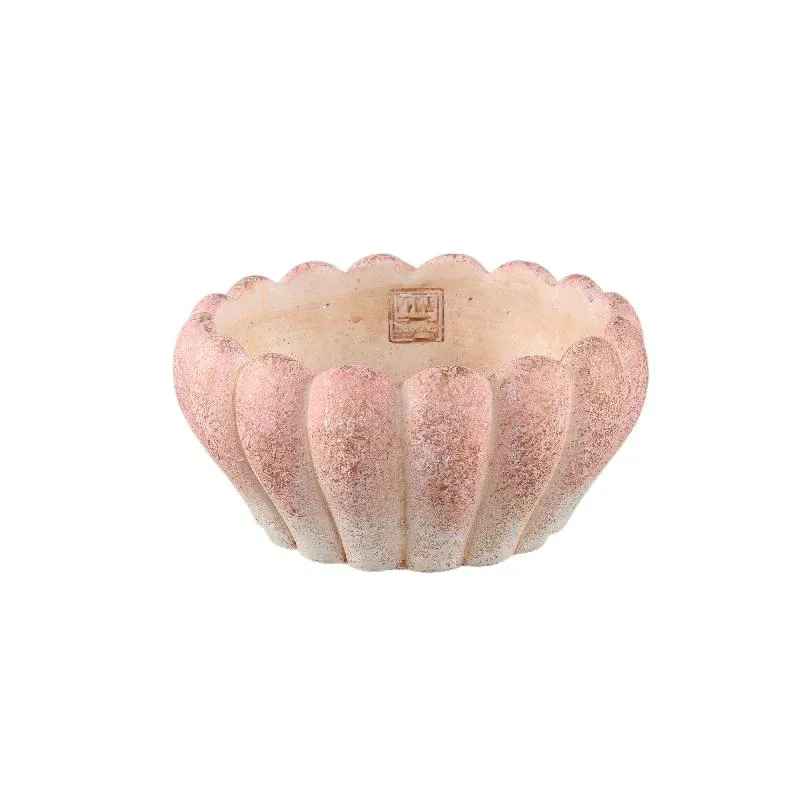 Blumentopf - Runder Zement, Gerippte Oberfläche, Rosa, Niedrig, M – Chantile | PTMD