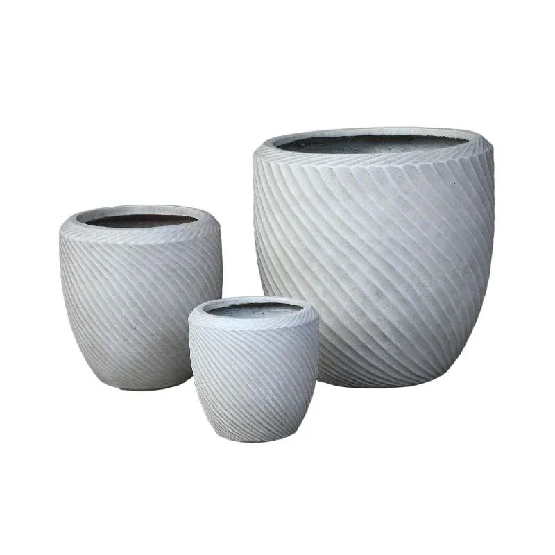 Topf – Wellenmuster Design, Runde Form, GRC Material, Beige, Niedrig – Nikol | PTMD