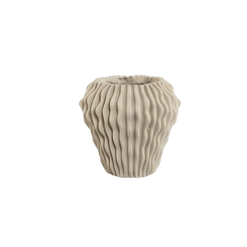 Vase – Beige Farbe, Wellen Muster Design, Zement Material, S – Barren | PTMD