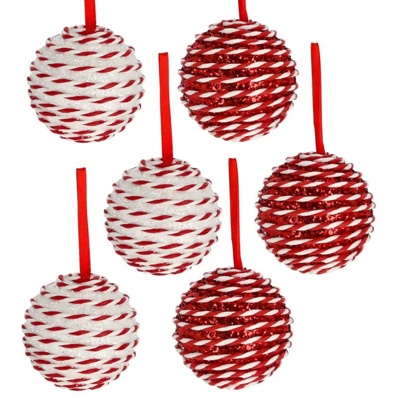 6er Set Christbaumkugeln Rot Weiß 8 cm modern Dekokugeln Christbaumschmuck