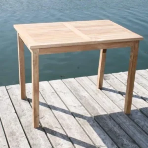 Gartentisch Paris in premium Teak mit zweigeteilter Tischplatte und vier Holzbeinen, Gesamtansicht.