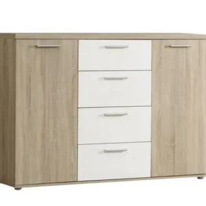 Sideboard Winnie mit vier weißen Schubladen in der Mitte und zwei Sonoma-Eiche-Türen, Gesamtansicht.