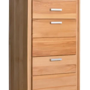 Schuhschrank Schuhkipper Genf 61 cm Kernbuche massiv geölt, Gesamtansicht mit fünf Schubladen und silbernen Griffleisten.