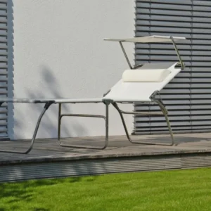 AMIGO BIG 50 cm Sonnenliege in Komforthöhe mit weißer Liegefläche und silbernem Aluminium-Gestell, Seitenansicht.