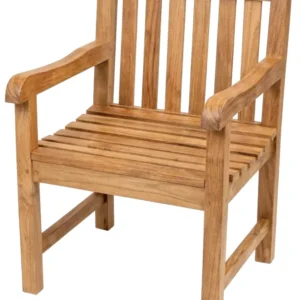 Stabiler Gartensessel Picadelly aus Teak mit gespreizten Rückenlehnen und breiten Armlehnen, Gesamtansicht von vorne.