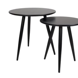 Gesamtansicht des Runden Beistelltischs DAVEN schwarz 2er Set mit runden Tischplatten und gespreizten Beinen.