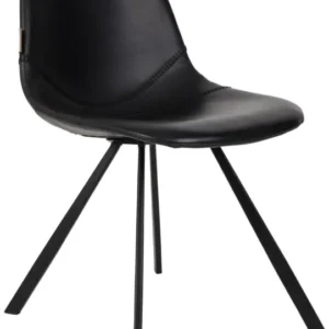 Esszimmerstuhl FRANKY Kunstleder Vintage schwarz mit geschwungener Rückenlehne und schwarzem Metallgestell in Gesamtansicht.