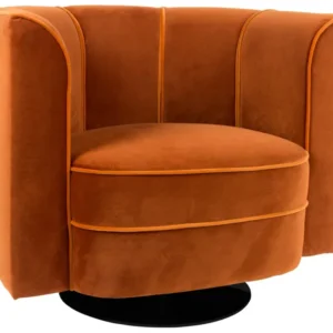 Lounge Sessel FLOWER ORANGE mit orangefarbenem Samtbezug und geschwungenen Armlehnen in Gesamtansicht.