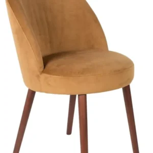 Esszimmerstuhl BARBARA VELVET in Camel-Samt mit geschwungenem Rücken und walnussbraunem Bucheholzgestell, Gesamtansicht.
