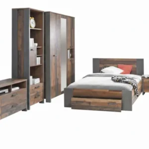 Jugendzimmer CLIF Komplettset 7-tlg. in Old Wood Vintage und Betonoptik, Gesamtansicht mit Bett, Schrank und Kommode.