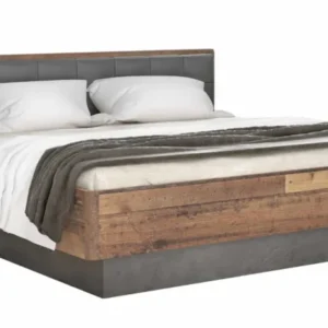 Doppelbett CLIF 180 x 200 cm in Old Wood Vintage mit dunkelgrauem Betonsockel, Gesamtansicht von vorne.
