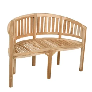 Gartenbank Bananenbank AMBON 2-Sitzer aus Teak in Naturfarbe, Gesamtansicht mit geschwungener Rückenlehne und Lamellensitz.