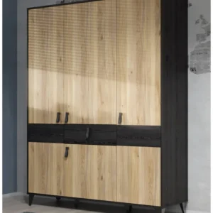 Kleiderschrank LYA 4-trg. 1 Schublade mit heller Eicheoptik und dunkelbraunem Rahmen, Gesamtansicht.