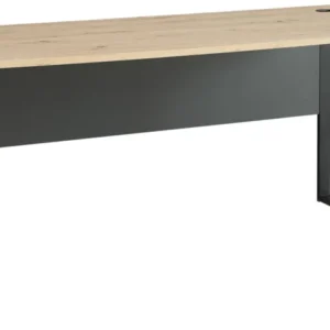 Schreibtisch MEMPHIS Artisan Eiche mit heller Holzplatte und schwarzem Metallgestell, Gesamtansicht von vorne.