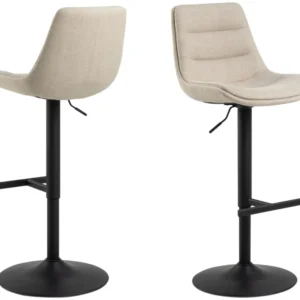ADISA Barhocker 2erSet Stoff Basel Beige mit schwarzem Drehfuß und beigem Stoffbezug in Gesamtansicht von vorne und hinten.