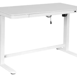 LIFETIME Schreibtisch RISE elektrisch verstellbar in Weiß mit Schublade und USB-Anschluss, Gesamtansicht.