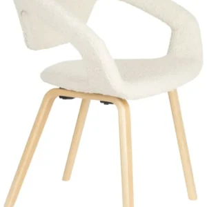 Stuhl FLEXBACK Bouclé Beige von Zuiver mit geschwungener Rückenlehne und hellem Holzgestell, Gesamtansicht.