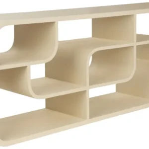 Sideboard SEVEN in Beige mit abgerundeten Kanten und asymmetrisch angeordneten offenen Fächern in Gesamtansicht.
