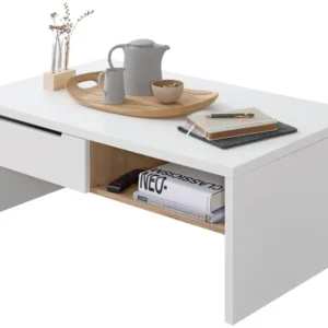 Couchtisch MEMPHIS Weiß mit Artisan Eiche in Gesamtansicht, weiße Tischplatte mit Schublade und offenem Fach.