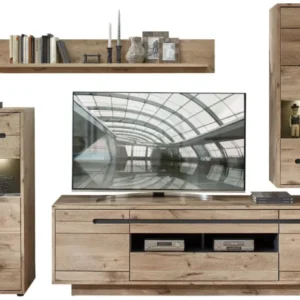 Wohnwand Wohnzimmerschrank BELLANO HH82 Viking Oak Nature mit LED in Gesamtansicht mit graphitfarbenen Griffen.