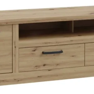 Lowboard CORONA 2 Schubladen Gerätefach in Artisan-Eiche-Optik mit offener Fachkombination, Gesamtansicht von vorne.