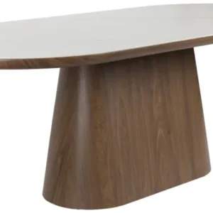 Esstisch ALMIRA Oval mit weißer Marmoroptik-Platte und Walnuss-Holzgestell in Gesamtansicht.