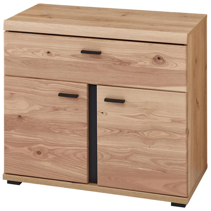 Büroschrank SONOS HU21 mit Schublade und zwei Türen in Natur-Spanplatte mit graphiten Griffen, Gesamtansicht.