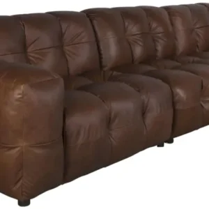 HACKMAN 4,5-Sitzer Sofa Echtleder dunkelbraun in Gesamtansicht mit gesteppter Oberflaeche und Kugelfuessen.