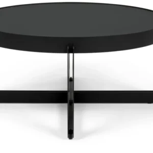 Couchtisch CENTRE RUND mit schwarzer runder MDF-Tischplatte und schwarzem Metallgestell, Gesamtansicht.