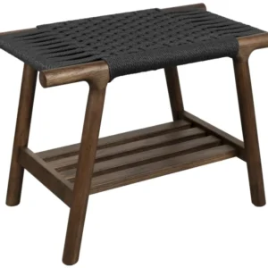Sitzbank Hocker Kintaro Walnuss mit Holzgestell und schwarzem Seilgeflecht, Gesamtansicht von vorne.
