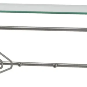 Spinder SUZA 5 Garderobe mit Glasablage oben, Edelstahlgestell und Kleiderstange mit haengenden Baegeln, Gesamtansicht.