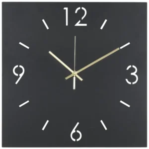 Spinder TIME Uhr mit quadratischem schwarzem Zifferblatt, weißen Markierungen und goldfarbenen Zeigern.