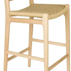 Barhocker Cecile Natural mit Buchen-Gestell und gewebtem Papierseil-Bezug in Natur, Gesamtansicht.