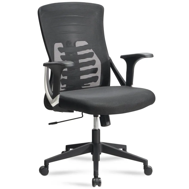 Bürostuhl Schwarz Mesh mit höhenverstellbarer Lendenwirbelstütze und Wippfunktion in Gesamtansicht.
