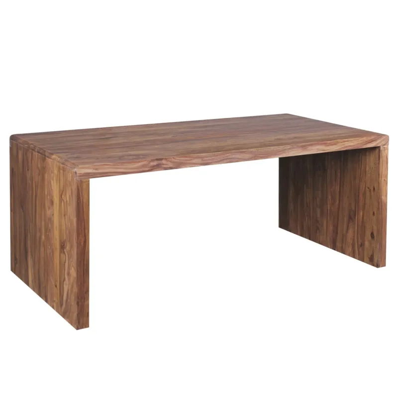 Schreibtisch BOHA 180cm in Sheesham-Massivholz mit blockartigen Seitenelementen, Gesamtansicht.