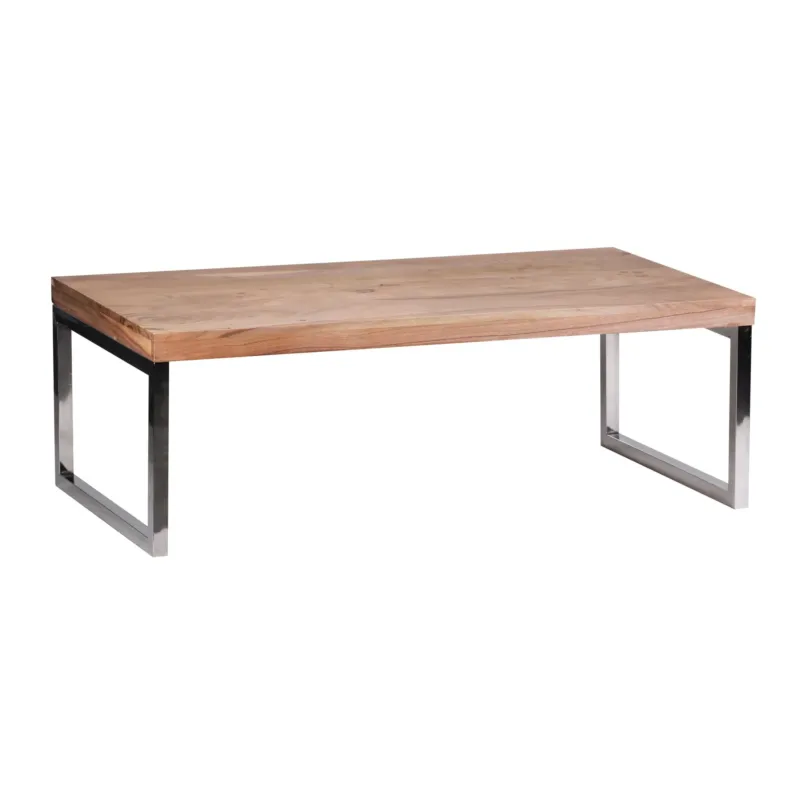 Couchtisch GUNA Akazie Massivholz 120cm Dunkelbraun Landhausstil in Gesamtansicht mit Holzplatte und Metallgestell.
