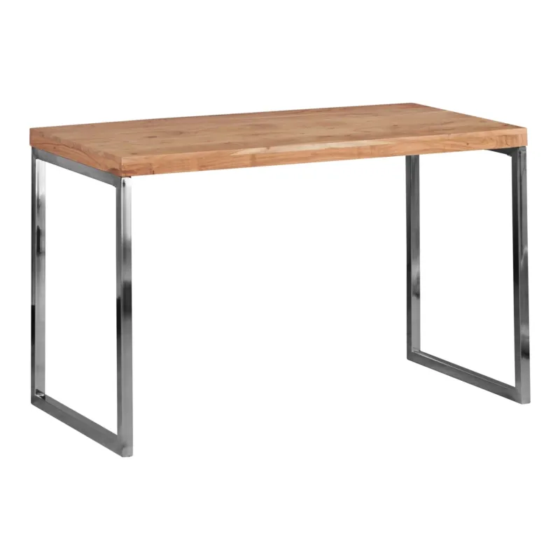 Schreibtisch GUNA 120x60cm mit Akazienholzplatte und grauem Metallgestell, Gesamtansicht von vorne.