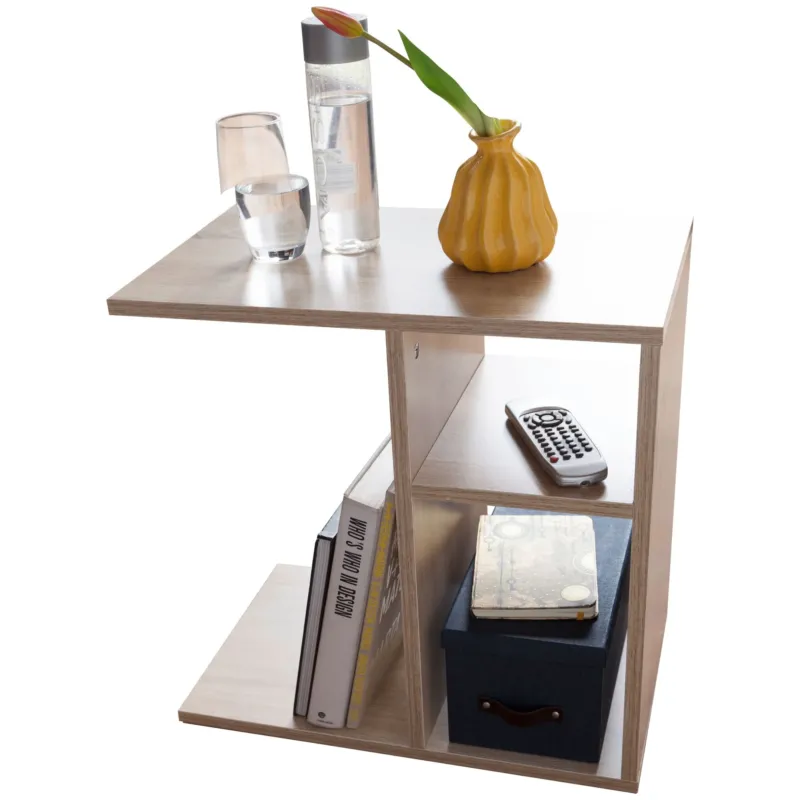 Beistelltisch 50x50x30cm Holz Sonoma mit drei Ebenen, Gesamtansicht von vorn.